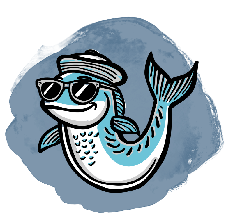 Illustration eines lächelnden Fisches mit Mütze und Sonnenbrille – Logo von Oh! Fisch