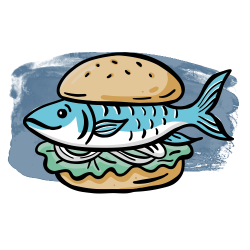 Fischbrötchen - 6. Mai 2025 12.42.28 Illustration eines lächelnden Fisches im Fischbrötchen von Oh! Fisch